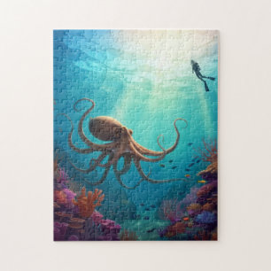 Puzzle buzo ve pulpo gigante en arrecife