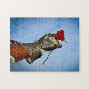 Puzzle Caballero con un corazón, mano con una rosa roja c