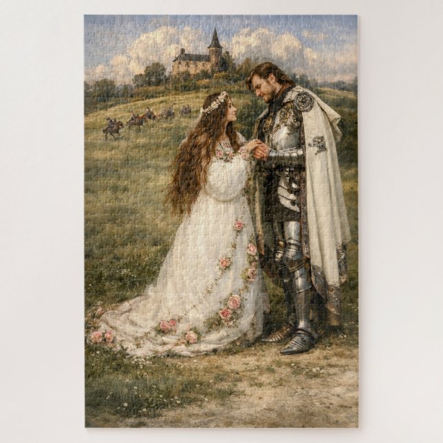 Puzzle Caballero medieval, castillo y princesa (Vertical)