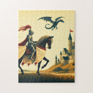 Puzzle Caballero medieval/dragón/castillo fantasía
