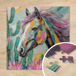 Puzzle Caballo abstracto moderno y suculentos<br><div class="desc">Un cuadro abstracto moderno y vibrante que representa a un caballo rodeado de cactus y suculentos en suaves tonos pastel. El caballo se representa con toques de color audaz, mientras que las plantas del desierto se pintan con una mezcla de verdes, rosa y azul. La fusión de formas orgánicas y...</div>