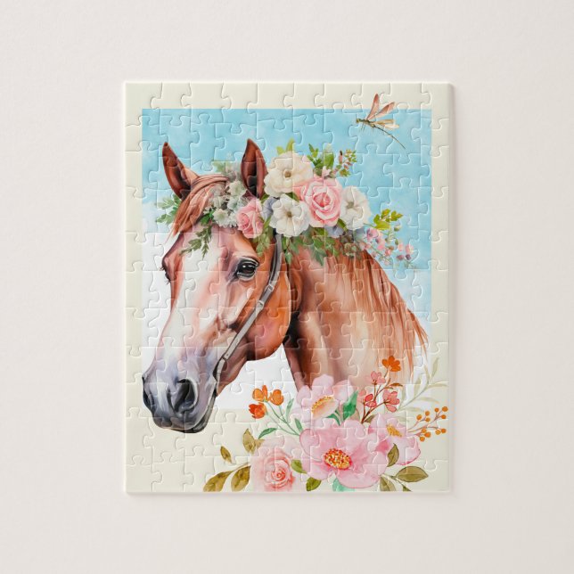 Puzzle Caballo acuarela y flores (Vertical)