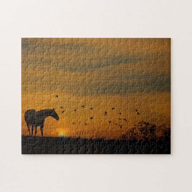 Puzzle Caballo al atardecer con pájaros (Horizontal)