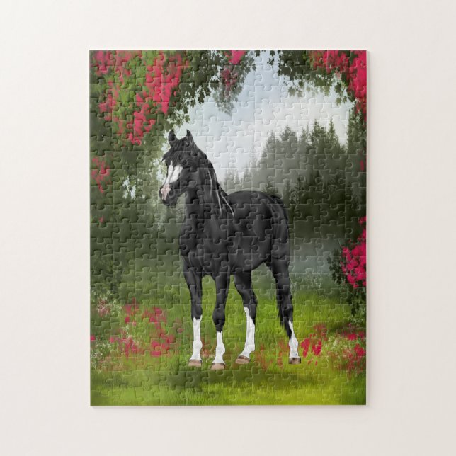 Puzzle Caballo Árabe Negro en Prado de Primavera (Vertical)