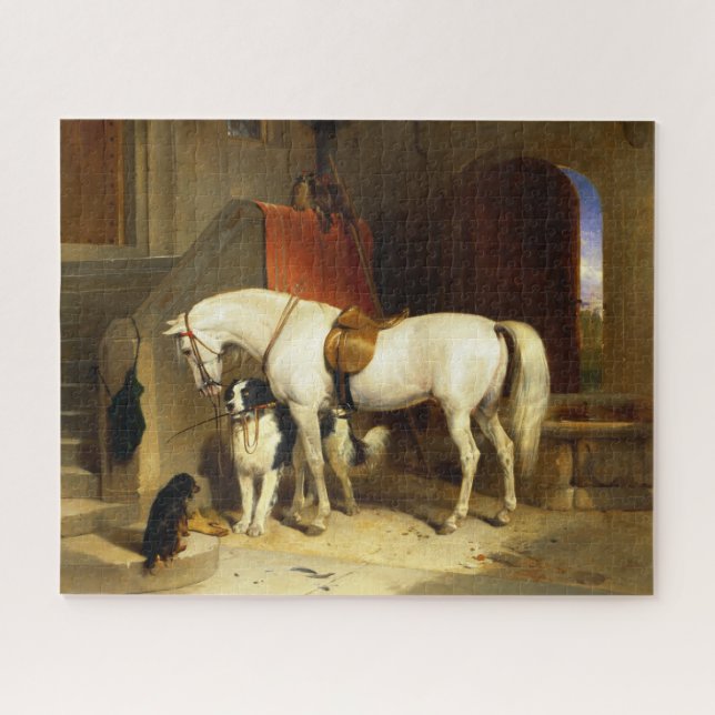 PUZZLE CABALLO BLANCO CON PERROS Y FALCONS EN ESTABLE (Horizontal)