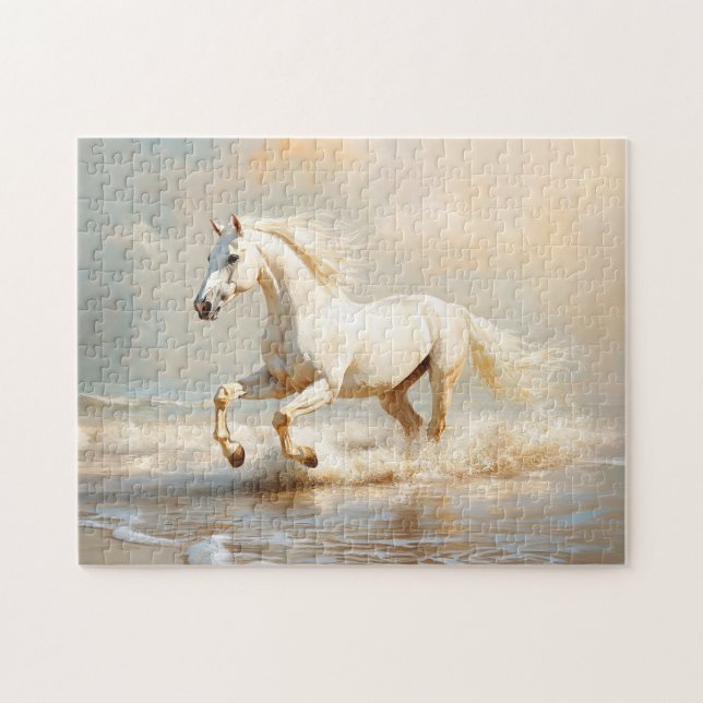 Puzzle Caballo blanco corriendo en la playa (Horizontal)