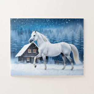 Puzzle Caballo blanco en bosque invernal