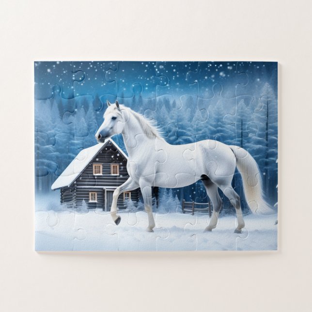 Puzzle Caballo blanco en bosque invernal (Horizontal)