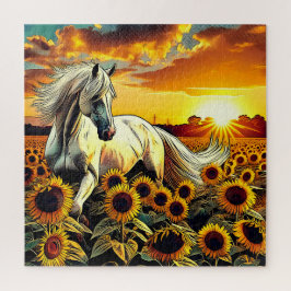 Puzzle Caballo blanco en campo de girasoles al atardecer