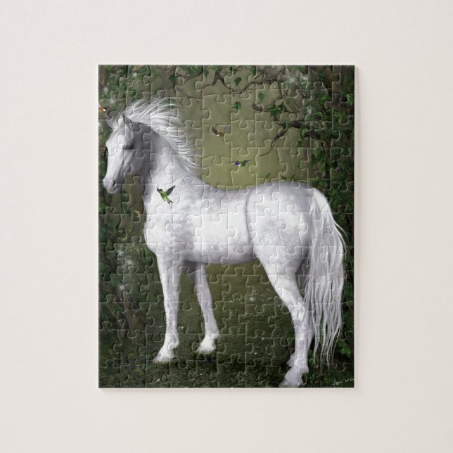 Puzzle Caballo blanco en las maderas con los colibríes (Vertical)