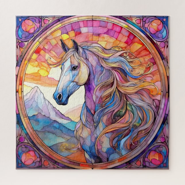 Puzzle Caballo blanco en vidrio emplomado (Vertical)