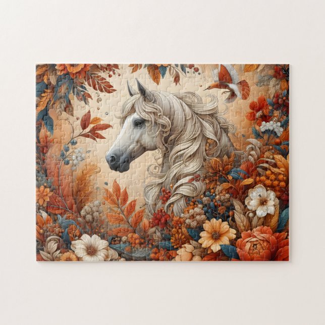 Puzzle Caballo Blanco Floral de Otoño (Horizontal)