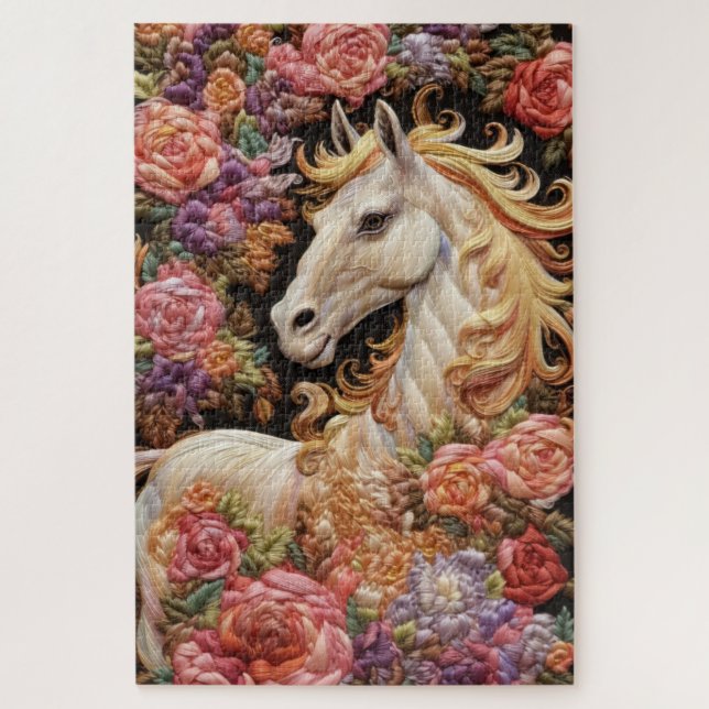 Puzzle Caballo blanco y bordado de Rosas (Vertical)