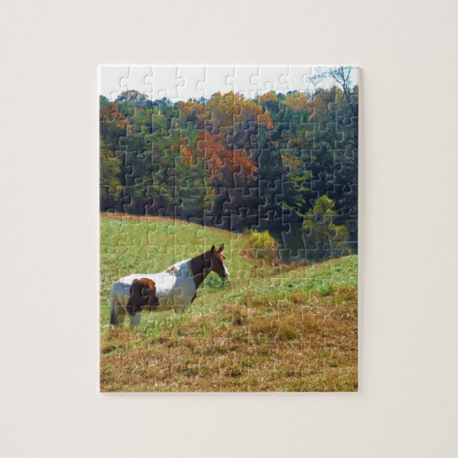 Puzzle Caballo blanco y marrón, estanque otoñal (Vertical)