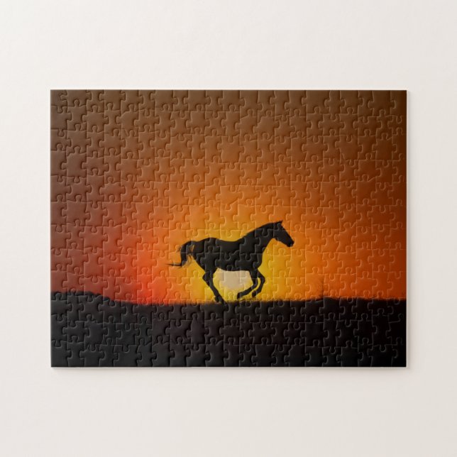 Puzzle Caballo con el desafío de la puesta de sol Naranja (Horizontal)