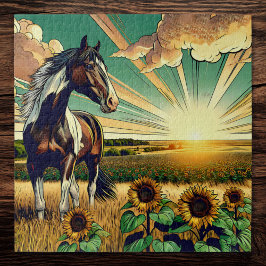 Puzzle Caballo de Pinto en un campo de girasol