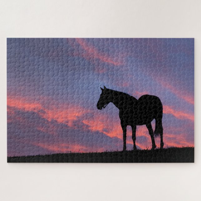 Puzzle Caballo de raza pura silueteado al amanecer (Horizontal)