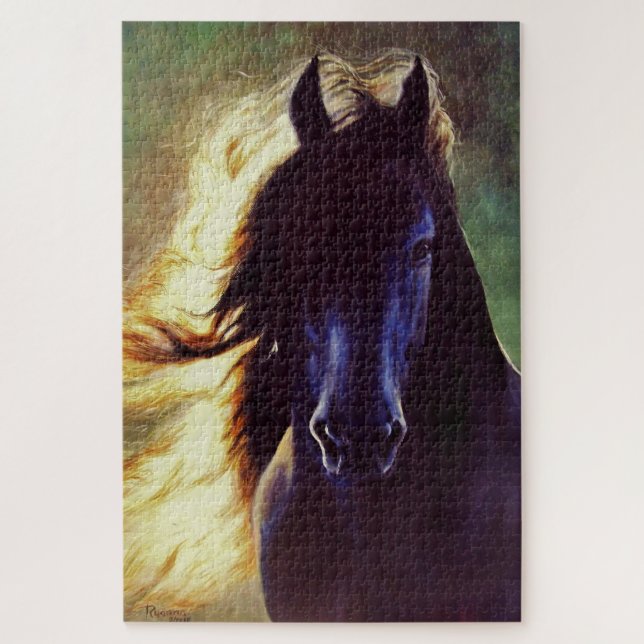 Puzzle Caballo del negro del "resplandor frisio", (Vertical)