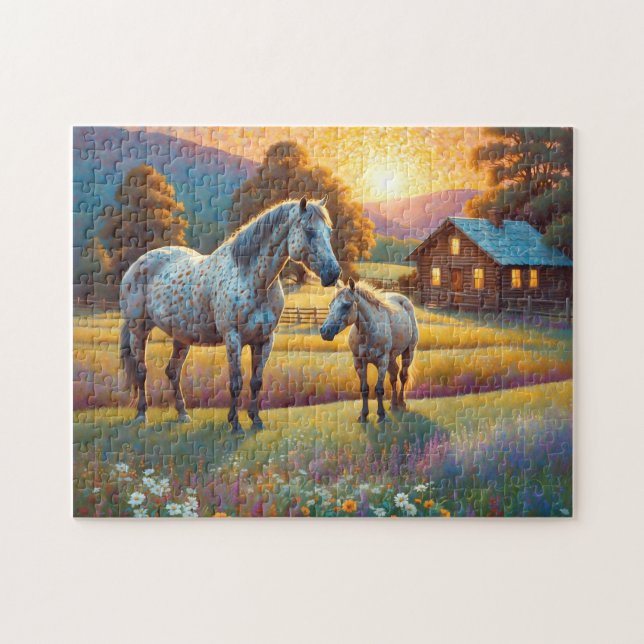 Puzzle Caballo en pradera de flores silvestres de granja (Horizontal)