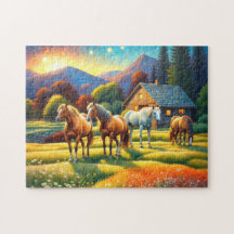 Caballo en pradera de flores silvestres de granja