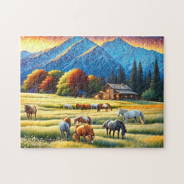 Puzzle Caballo en pradera de flores silvestres de granja (Horizontal)