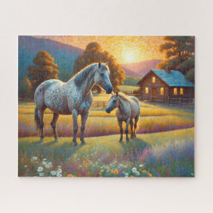 Puzzle Caballo en pradera de flores silvestres de granja