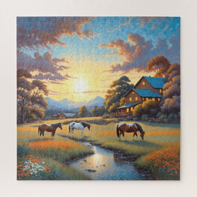 Puzzle Caballo en pradera de flores silvestres de granja (Vertical)