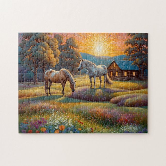 Puzzle Caballo en pradera de flores silvestres de granja (Horizontal)