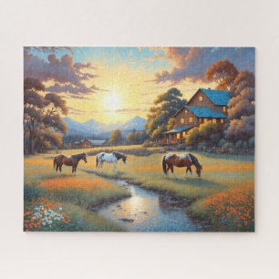 Puzzle Caballo en pradera de flores silvestres de granja