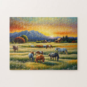 Puzzle Caballo en pradera de flores silvestres de granja
