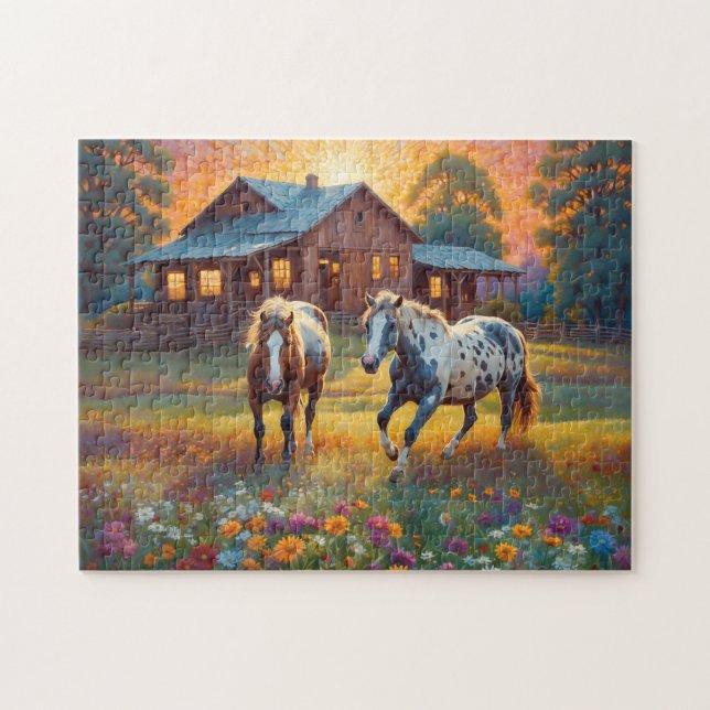 Puzzle Caballo en pradera de flores silvestres de granja (Horizontal)