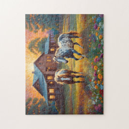 Puzzle Caballo en pradera de flores silvestres de granja
