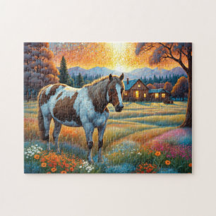 Puzzle Caballo en pradera de flores silvestres de granja