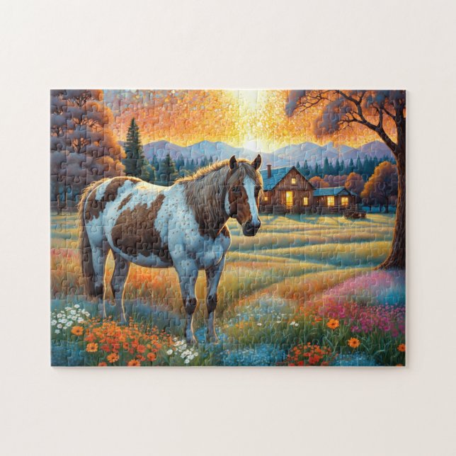 Puzzle Caballo en pradera de flores silvestres de granja (Horizontal)