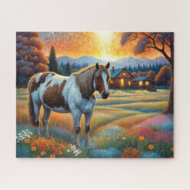 Puzzle Caballo en pradera de flores silvestres de granja (Horizontal)