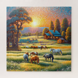 Puzzle Caballo en pradera de flores silvestres de granja