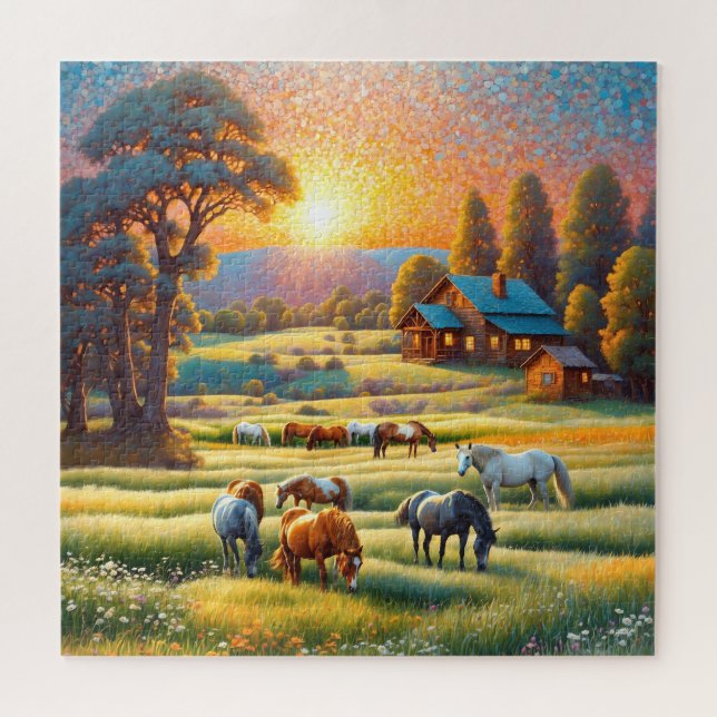 Puzzle Caballo en pradera de flores silvestres de granja (Horizontal)