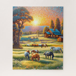 Puzzle Caballo en pradera de flores silvestres de granja