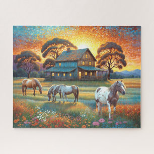 Puzzle Caballo en pradera de flores silvestres de granja