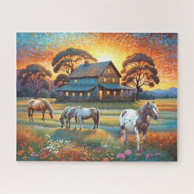 Puzzle Caballo en pradera de flores silvestres de granja (Horizontal)