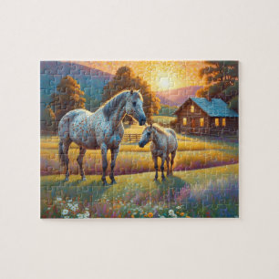 Puzzle Caballo en pradera de flores silvestres de granja