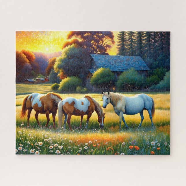 Puzzle Caballo en pradera de flores silvestres de granja (Horizontal)