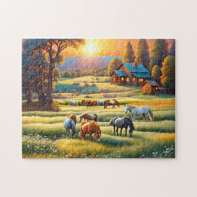 Puzzle Caballo en pradera de flores silvestres de granja (Horizontal)