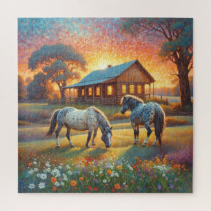 Puzzle Caballo en pradera de flores silvestres de granja