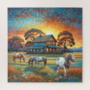 Puzzle Caballo en pradera de flores silvestres de granja