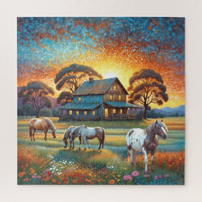 Puzzle Caballo en pradera de flores silvestres de granja (Vertical)