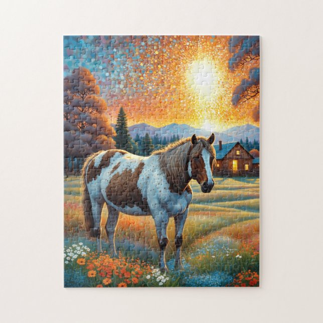 Puzzle Caballo en pradera de flores silvestres de granja (Vertical)