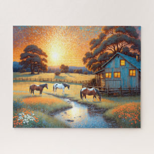 Puzzle Caballo en pradera de flores silvestres de granja