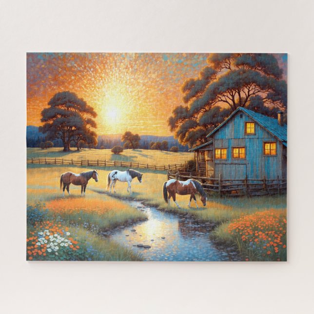 Puzzle Caballo en pradera de flores silvestres de granja (Horizontal)