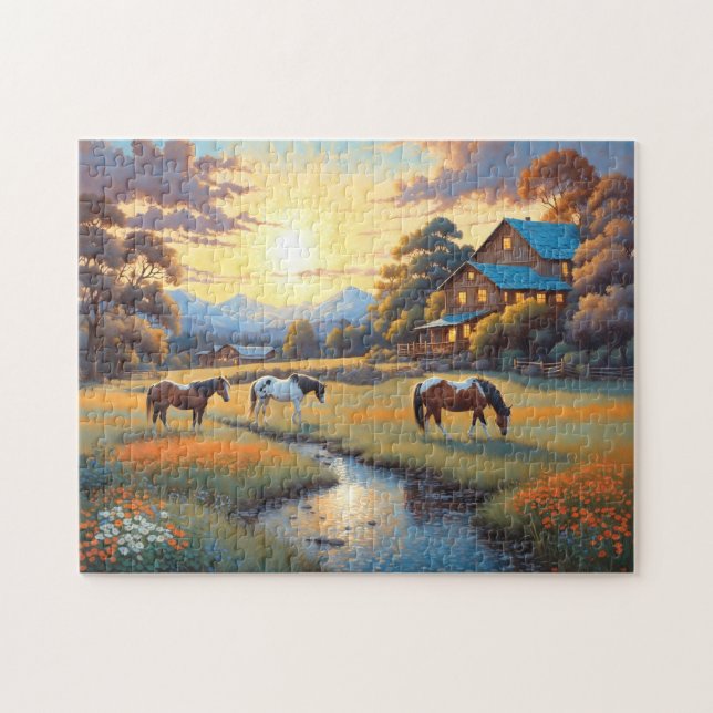 Puzzle Caballo en pradera de flores silvestres de granja (Horizontal)